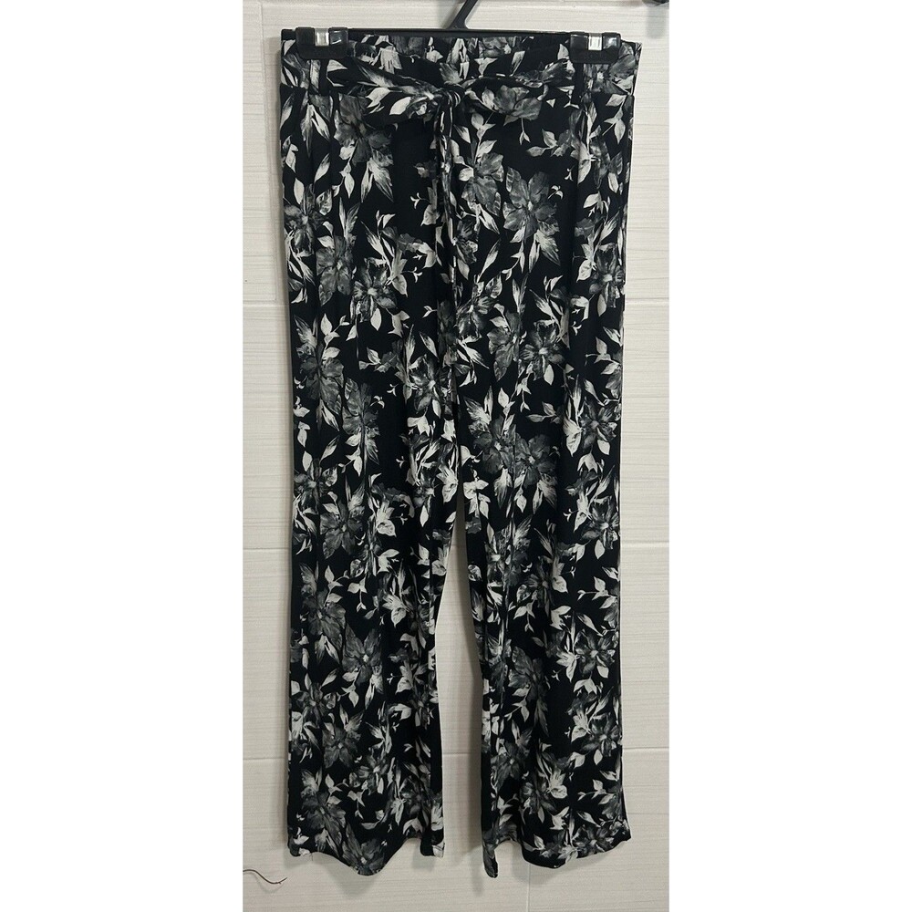 Joe B Black White Floral Tie Front Elastic Pull On Wide Leg M, Casual Travel Fun